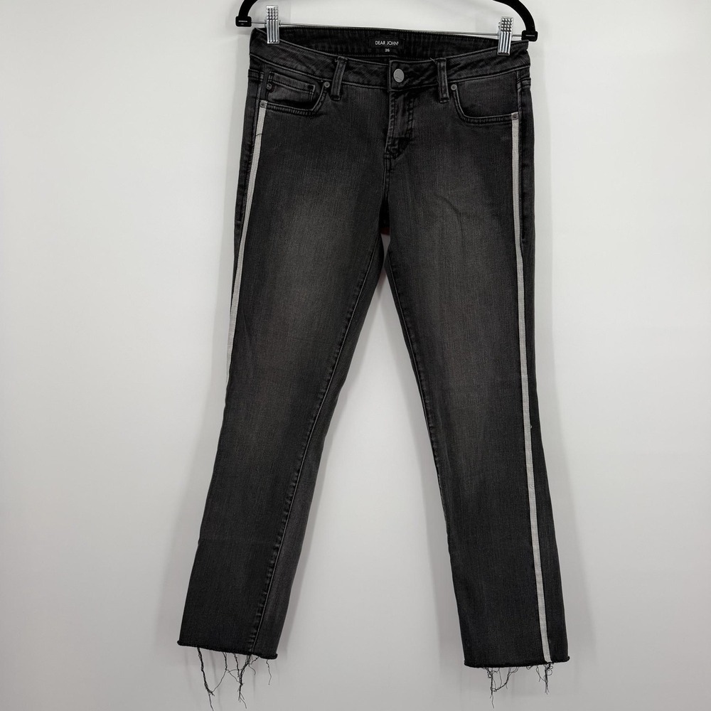 Dear John Jeans Womens 26 Gray Charcoal Wash Skinny Distressed Side Stripe